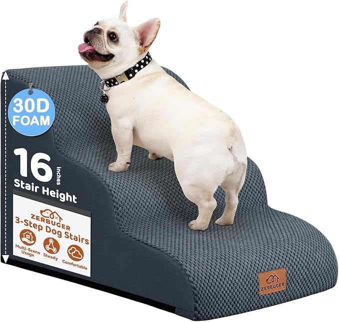 Dog Ramp and Stair for Bed 16" H-20 H,3-Step Cat Stair for Sofa and Chair,4-Step Dog Ramp for High Bed and Window,Durable Nonslip Fabric Cover for Indoor (Dark Grey-16 H, Pet Friendly, 3)-PurrikoPets