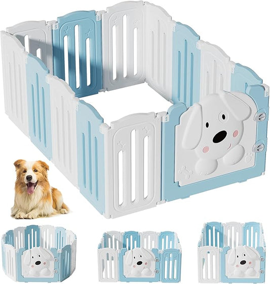 Foldable Dog Play Pen Indoors, Non-Slip Sturdy Puppy Playpen with Door, 25.5" H 12-Panel Adjustable Shape Dog Fence Pen for Small/Medium Dogs, Thickened, Easy to Store, White+Blue-PurrikoPets