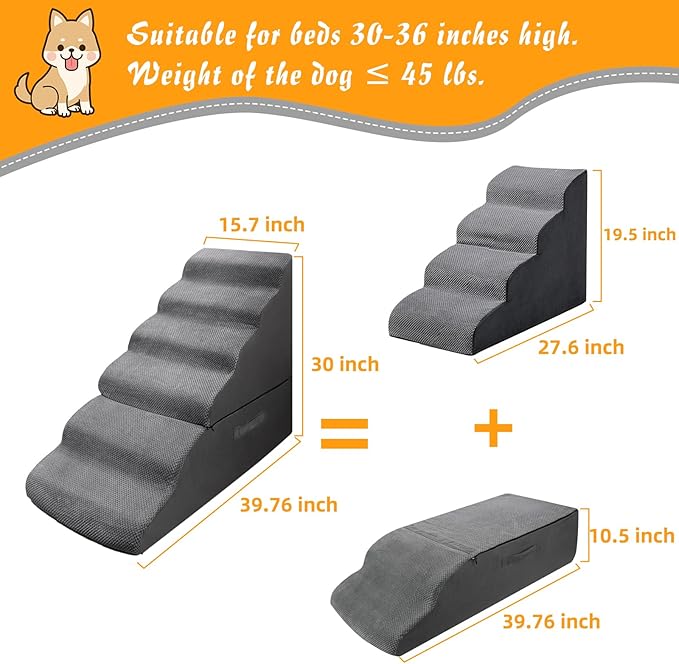 Dog Stairs&Steps for 30 Inches Tall High Bed, Pet Dog Ramp Ladder for Small Medium Dogs, Doggie, Old Cats, Kitty, Small Animals(Grey, Up to 30-36 Inch Tall Bed)-PurrikoPets