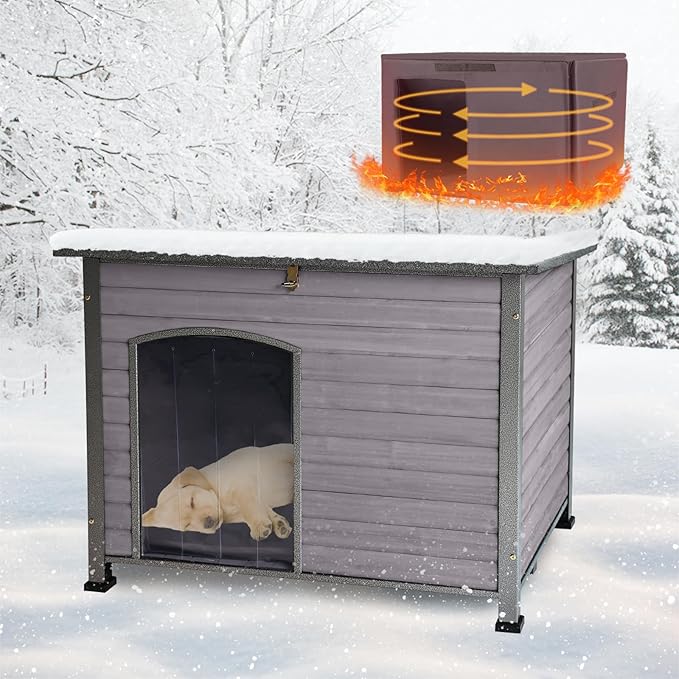Feral Dog House Outdoor,Anti Bite Iron Frame Dog Kennel,Wood Warm Pets Home,Insulated Weatherproof Outside Shelter for Feral Animal (43.3" (L) x 29.4" (W) x 33.4" (H)-Grey-in)-PurrikoPets