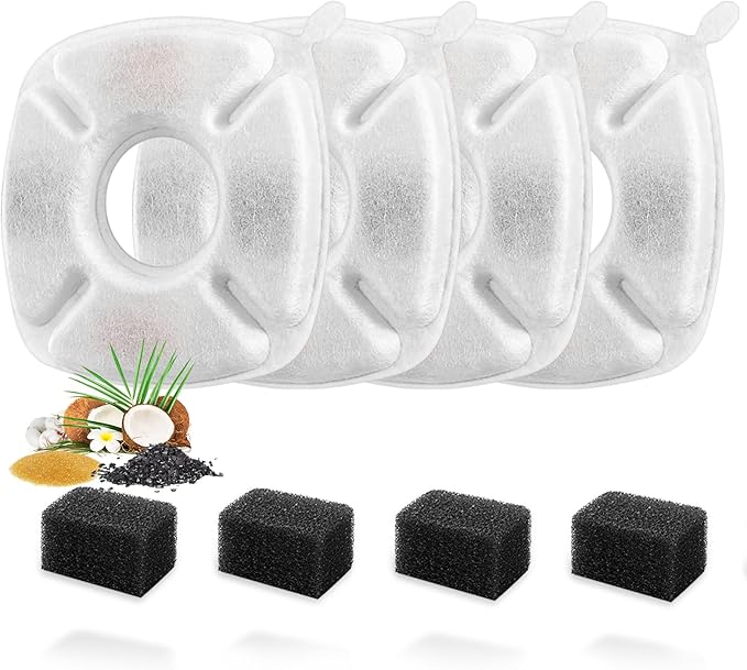 8 Pcs Cat Fountain Replacement Filters 4 Pack Cat Water Fountain Replacement Filters with 4 Pack Pre-Filter Sponges, Pet Fountain Filter Fit for 95oz/2.8L Automatic Pet Fountain Cat Water Fountain-PurrikoPets