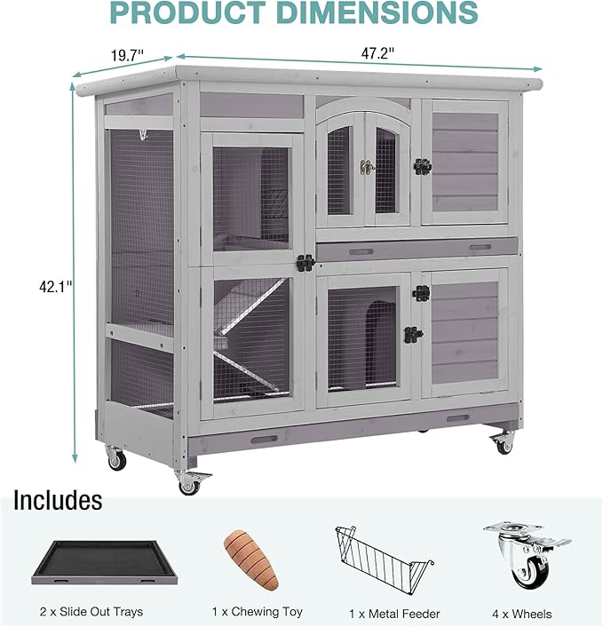 2-Tier Indoor Rabbit Hutch Bunny House Guinea Pig Cage with Sliding Plastic Trays, Wheels & Ramp, 47.2" Multi-Door Wooden Small Animal Cage for Rabbits, Bunnies, and Guinea Pigs (Grey)-PurrikoPets