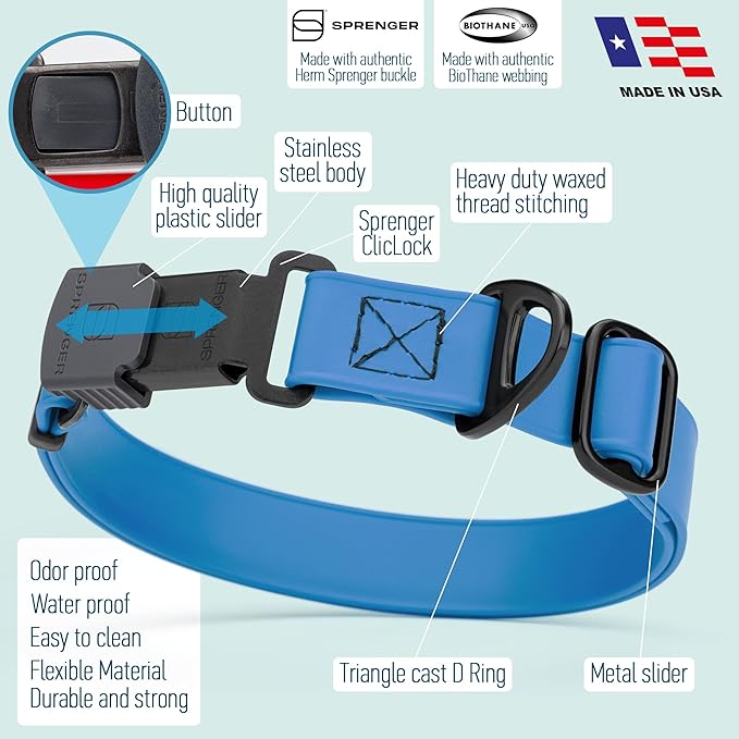 Dogline Biothane Waterproof Dog Collar with Herm Sprenger Stainless Steel Quick Release Buckle – Heavy Duty Tactical Durable Collar for Dogs – Comfortable and Safe Pet Collar, W 3/4" L 12-19", Blue-PurrikoPets