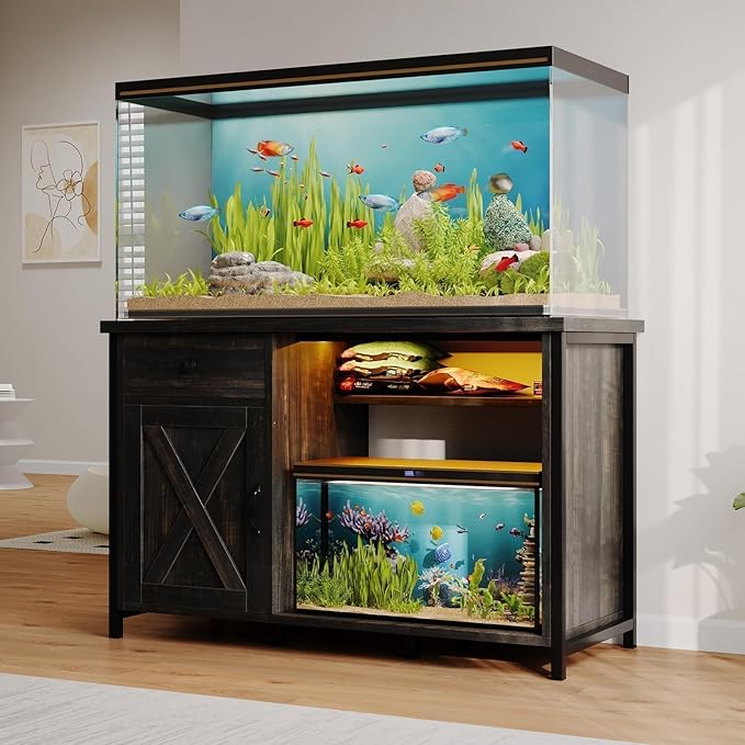4ever2buy 55 Gallon Fish Tank Stand with LED Light & Power Outlets, 55-75 Gallon Aquarium Stand with Drawer & Barn Door, Cabinet for Fish Tank Accessories Storage for Reptile Tank, Turtle Tank, Oak-PurrikoPets