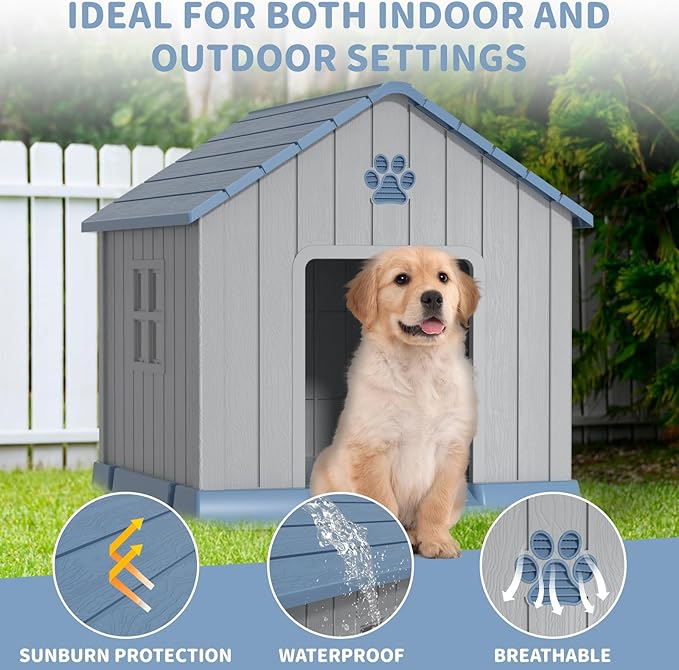 DRATO Dog House Indoor Outdoor for Small to Large Sized Dogs Indoor Outdoor Doghouse Puppy Shelter with Elevated Floor, Easy to Assemble (Blue, 31Inch(31.18 * 33.7 * 32.52))-PurrikoPets