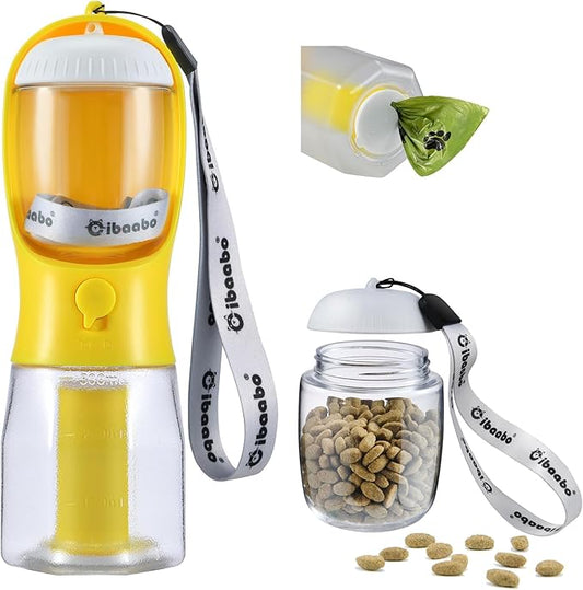 Dog Water Bottle with Food Container & Poop Bag Holder, Travel Water Bowl, Portable Pet Dispenser, Dog Stuff Accessories Items, Puppy Essentials Necessities for Yorkie Chihuahua Walking Hiking-PurrikoPets