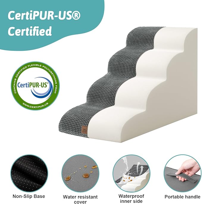 Dog Stairs for Small Dogs 19.7" H, Curved Dog Step for Puppy, Older or Cat, Medium Pet Ramp for Sofa, Couch or Bed, Ladder with High Density Foam, 15.7x28.3x19.7 inch, 4 Step, Dark Grey-PurrikoPets