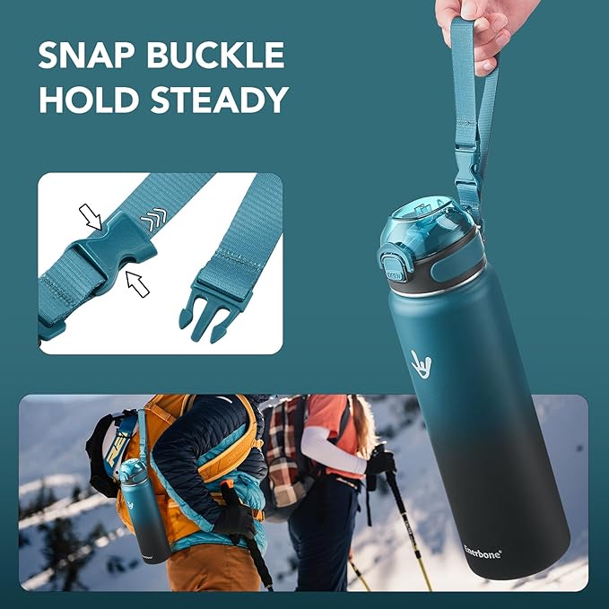 Enerbone 32 oz Insulated Water Bottle, Stainless Steel Bottle with Carrying Strap, Double-Wall Vacuum Insulation Design, Leakproof Sports Bottle with Straw, Keep Drinks Cold or Hot for Hours-PurrikoPets