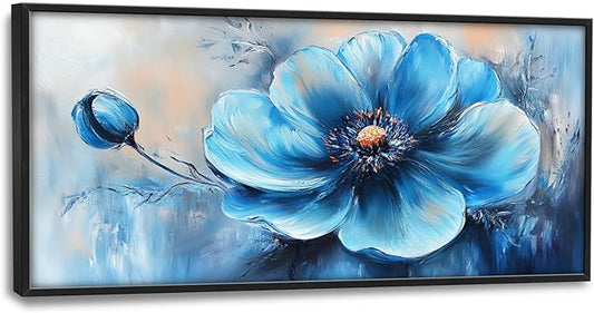 Extra Large Abstract Blue Flower Framed Wall Art for Living Room,Oversized Elegant Floral Pictures Wall Decor,Canvas Print Painting Modern Artwork Bedroom Office Bathroom 60L" x 30W"-PurrikoPets