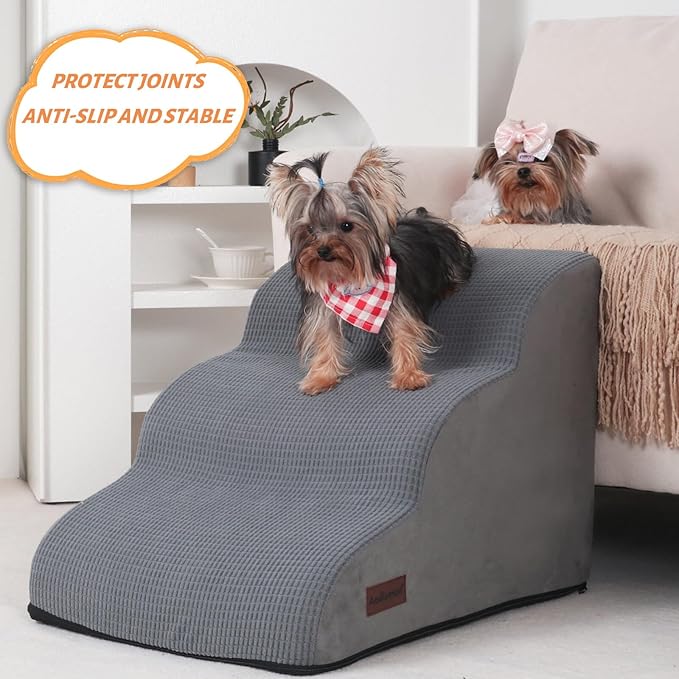 3-Step Dog Ramp and Stairs for Sofa and Chair - Non-Slip Sturdy Pet Steps for Small Dogs and Cats,15.7" H,Grey-PurrikoPets