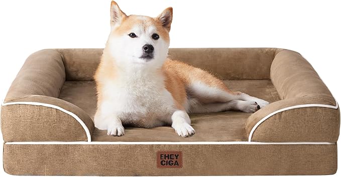 EHEYCIGA Orthopedic Dog Beds for Large Dogs, Waterproof Memory Foam Large Pet Bed with Sides, Non-Slip Bottom and Egg-Crate Foam Dog Couch Bed with Washable Removable Cover, Camel-PurrikoPets