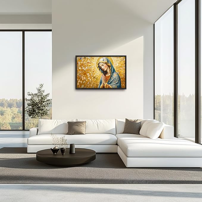 Extra Large Virgin Mary Framed Wall Art for Living Room,Oversized Golden Christian Religious Pictures Wall Decor,Canvas Print Painting Modern Artwork Bedroom Office Bathroom 36L" x 24W"-PurrikoPets