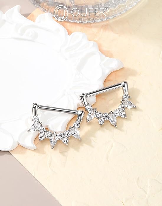 OUFER 2PCS Shield Nipple Rings for Women, 316L Surgical Steel Nipple Piercing Jewelry, Clear CZ Clicker Body Piercing Jewelry Barbells-14mm