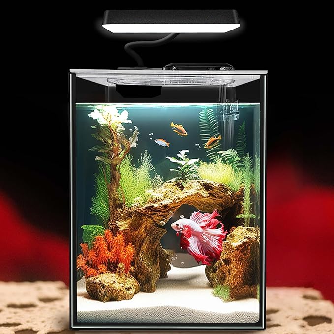 Glass Betta Aquarium Starter Kits 1.5 Gallon Small Fish Tank, Betta Fish Tank with LED Light, Power Filter, Black. 4mm Glass-PurrikoPets