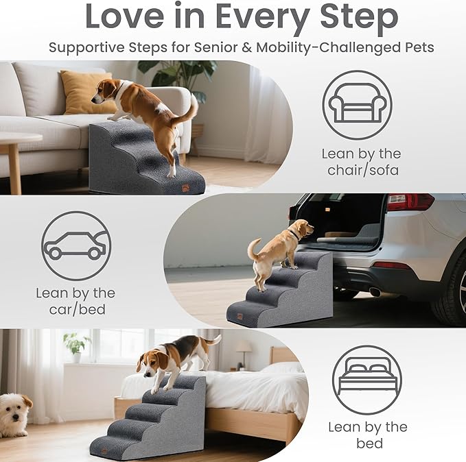 GoGoBunny Waterproof High Density Foam Curved Dog Stairs for High Beds Couches 19.7" H, 4-Step Ramp Dog Steps Friendly to Small Medium Dogs or Pets Joints, Non-Slip Balanced Durable Pet Step, Grey-PurrikoPets