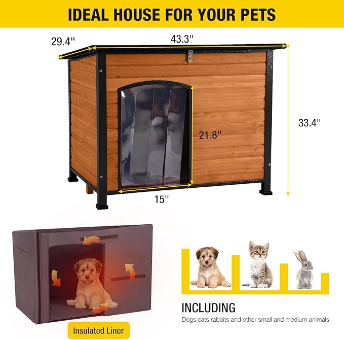 Aivituvin Dog House Outdoor & Indoor Dog Kennel with Insulated Liner for Winter Waterproof Large Dog Cage for Small & Medium & Large Dogs,Unique All-Around Iron Frame-PurrikoPets