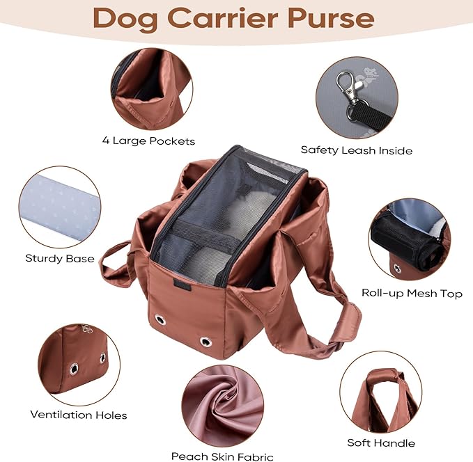 Dog Purse Carrier for Small Dogs, Cats, and Puppies – Soft-Sided Travel Pet Tote Bag with 4 Large Pockets, Foldable, Lightweight, Fits Pets up to 15 lbs, for Travel, Outings (Brown)-PurrikoPets