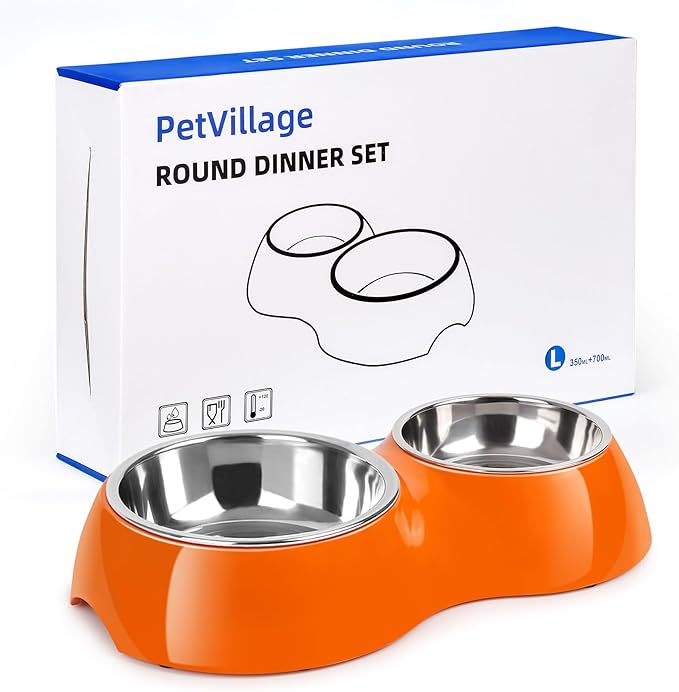 Elevated Dog Bowls Set - Non-Slip Raised Pet Feeder with Medium (10 oz) & Large (20 oz) Stainless Steel Bowls - Includes Durable Resin Stand for Puppies, Adult Dogs & Cats - Orange-PurrikoPets