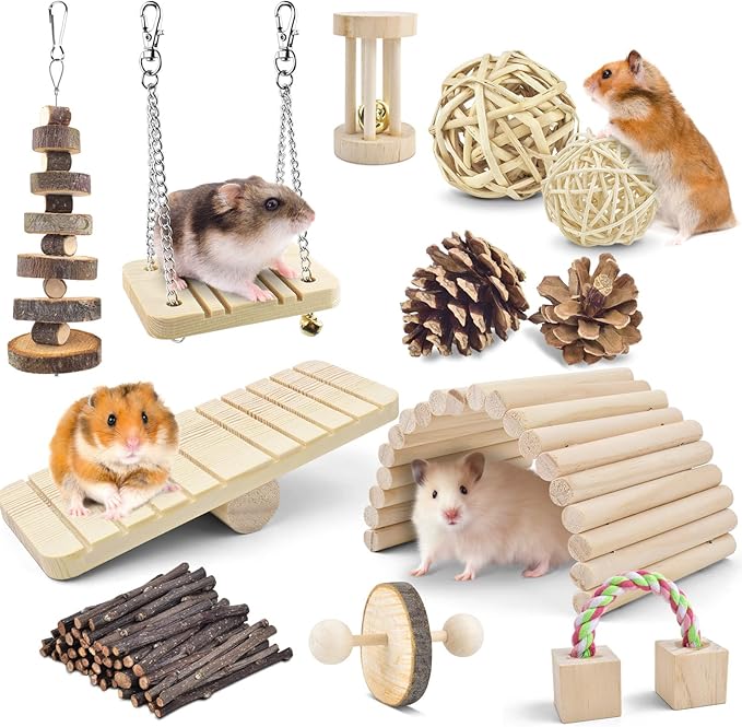 ERKOON New 12 Pack Hamster Chew Toys Gerbil Rat Guinea Pig Chinchilla Chew Toys Accessories, Natural Wooden Dumbbells Exercise Bell Roller Teeth Care Molar Toy for Rabbits Bird Rabbits Hamster Gerbil-PurrikoPets
