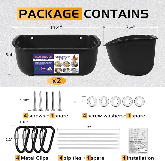 Goovilla Chicken Feeder Waterer, Hanging or Screw-in Fence Feeders with Clips, 2 Pack 5 Quart Goat Feeding Supplies, Duck Piglet Sheeple Coop Dog Livestock Poultry Plastic Feeder Trough Bucket, Black-PurrikoPets