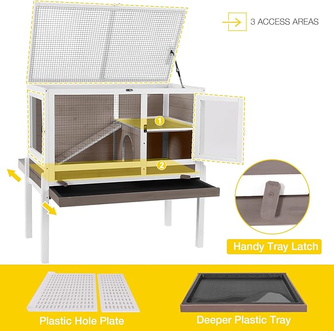 Aivituvin Rabbit Hutch with Stand Wooden Bunny Cage Indoor 2 Story Guinea Pig House with Anti Chew Ramp, No Leak Tray, Hideout, Wire Mesh (Brown)-PurrikoPets