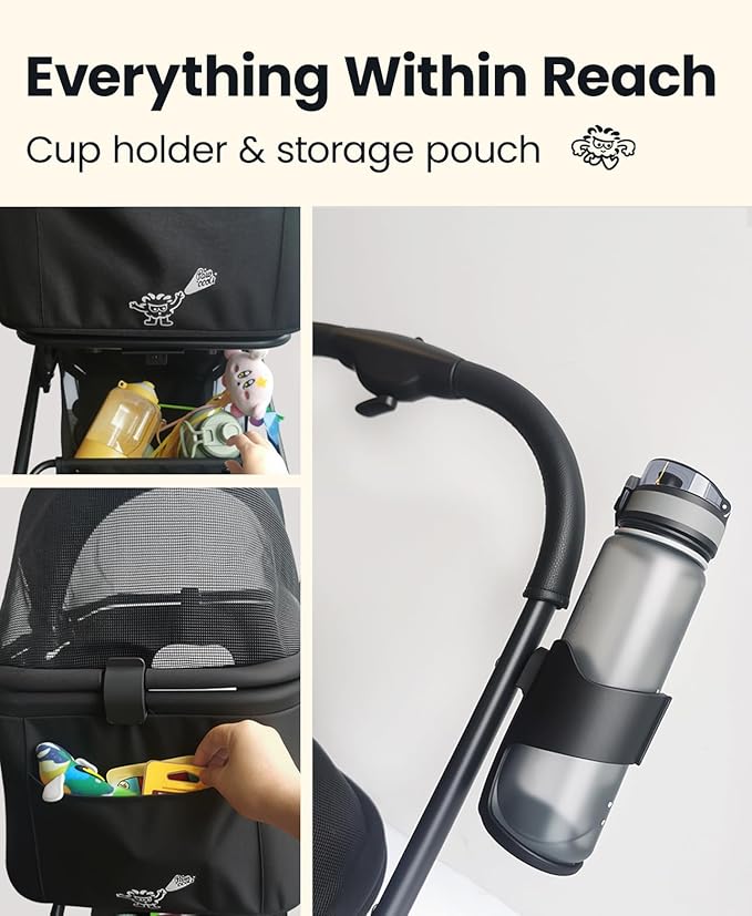 4 Wheels Pet Stroller, Dog Stroller for Small/Medium Dogs and Cats up to 33 lbs, One-Click Fold & Draggable, Removable Carrier, Zipperless Entry, Mesh Windows, Black-PurrikoPets