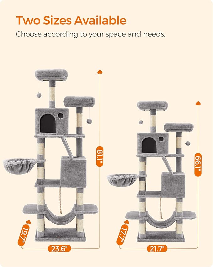 Feandrea Cat Tree, 81.1-Inch Large Cat Tower with 13 Scratching Posts, 2 Perches, 2 Caves, Basket, Hammock, Pompoms, Multi-Level Plush Cat Condo for Indoor Cats, Light Gray UPCT190W01-PurrikoPets