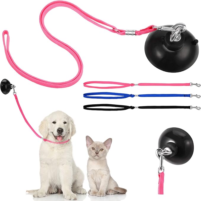 Frienda 4 Pieces Dog Bathing Tether with Suction Cup Pet Dog Grooming Tub Restraint Loops and Adjustable Cat Fixed Safety Rope for Pet Shower Bathing Grooming(Blue Black Pink)-PurrikoPets