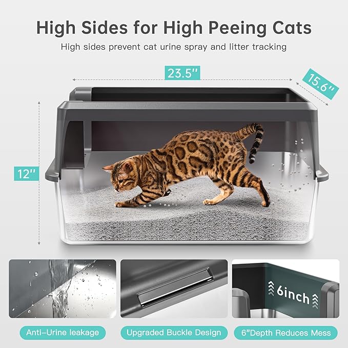 Enclosed Stainless Steel Cat Litter Box with Lid, XL Extra Large Litter Box for Big Cats, Metal Litter Pan High Sided, Never Absorbs Odors, Anti-Urine Leakage, Easy Cleaning, Include Scoop-PurrikoPets