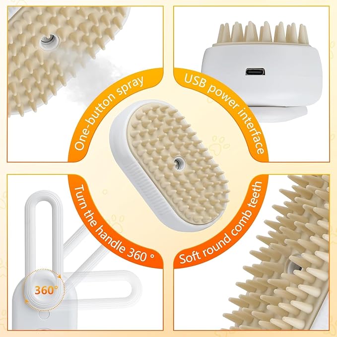 4 in 1 Cat Steam Brush Rechargeable pet spray comb Steam Brush for Cats and Dogs, Massage, Cleaning, Shedding & Combing Multifunctional Hair Removal Anti Static Grooming Tool for home (White)-PurrikoPets