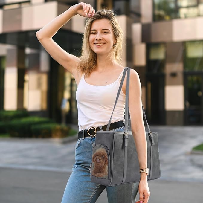 Fashion Dog Purse Pet Carrier Leather Bag for Small Dogs Cats Puppy, Portable Tote Bag Airline Approved Soft-Sided Carriers (Grey)-PurrikoPets