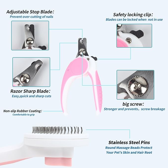 2PCS Pet Grooming Kit, Cat Brushes & Cat Nail Clipper, Cat Grooming Brush for Sedding and Grooming Fur (Pink）-PurrikoPets
