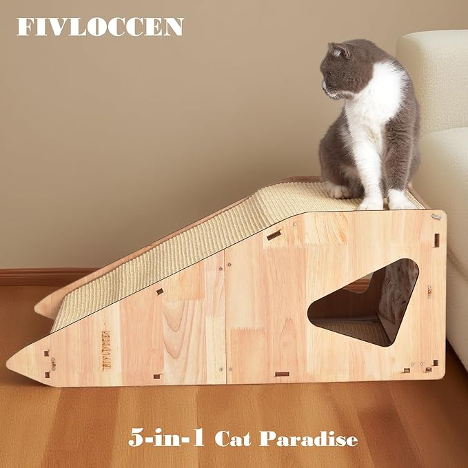 32in Cat Scratching Posts for Indoor Cats: Replaceable Sisal Mats & Sturdy 3D Wood Frame, Integrated Cat Condo, Hideout, Tunnel, All-in-One Space Saver for Multi-Cat & Budget-Friendly Homes-PurrikoPets