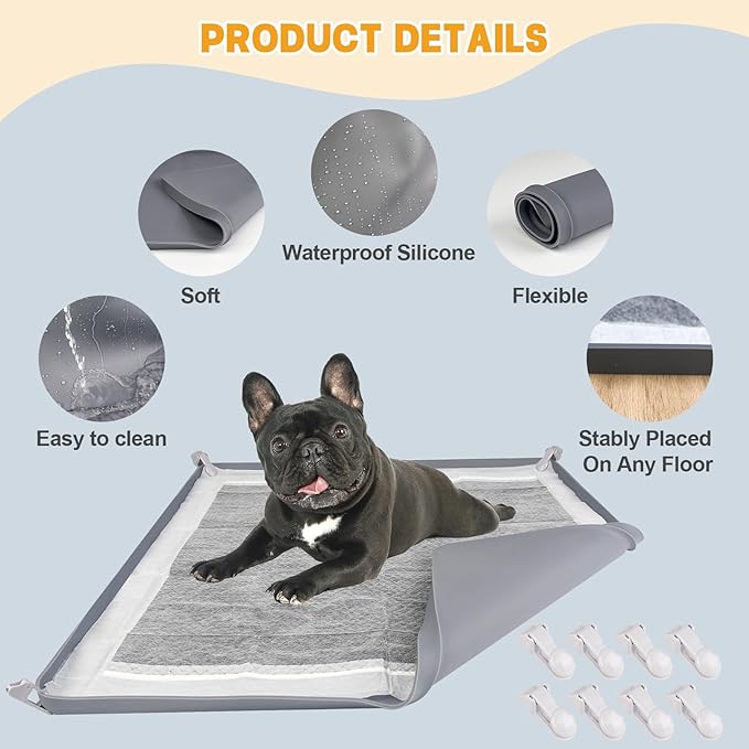 Dog Pee Pad Holder, Puppy Pad Holder Tray for 24'' x 24'' Training Pads, 15pcs Dog Potty Tray Set Include High Edge Silicone Mat & 6 Activated Charcoal Disposable Puppy Pads & 8 Holder Clamps-PurrikoPets