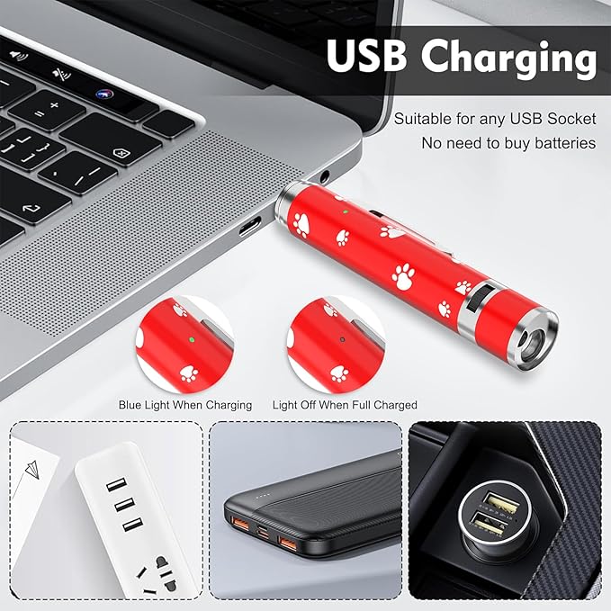 EAWONGEE Cat Toys Rechargeable, Indoor Cats Chase Light, Interactive for Kitty Pet Dog with 3 Light Modes 5 Patterns, Red-PurrikoPets