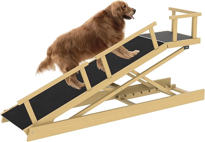 6 Level Height Adjustable Dog Ramp for Bed, Couch 65" Foldable Pet Ramp with Non-Slip Mat，DIY Glow Strips & Rest Platform Heavy Duty Dog Stairs for Large Dogs up to 200Lbs ，Wood Color-PurrikoPets