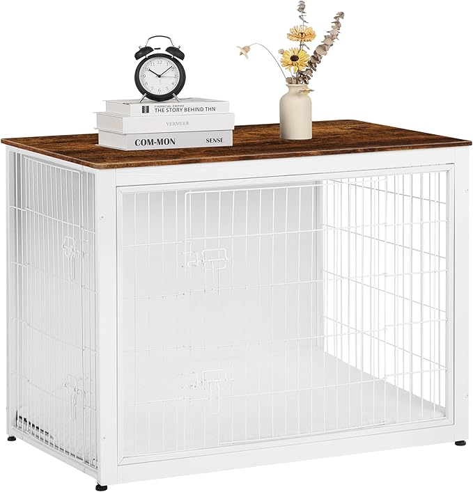 DWANTON Dog Crate Furniture with Cushion, Wooden Kennel Table with Double Doors, Indoor Dog House, Extra Large Size, 43.3" L, White+Rustic Brown-PurrikoPets