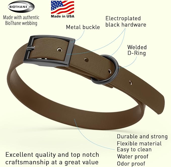 Dogline Biothane Waterproof Dog Collar Strong Coated Nylon Webbing with Black Hardware Odor- Proof for Easy Care Easy to Clean High Performance Fits Small Medium or Large Dogs, Dark Chocolate Brown-PurrikoPets