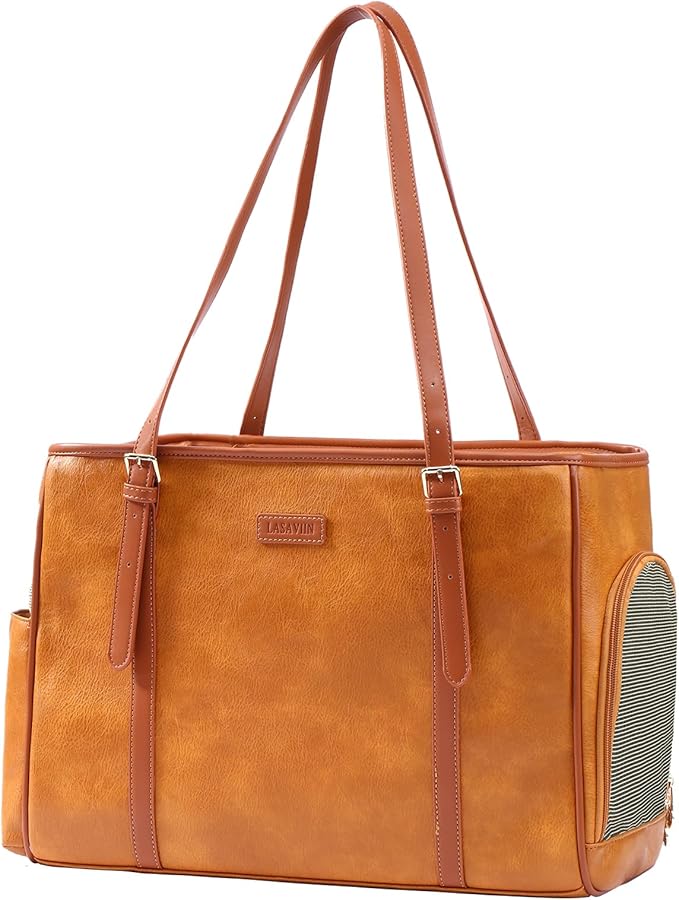 Fashion Dog Purse Pet Carrier Leather Bag for Small Dogs Cats Puppy, Portable Tote Bag Airline Approved Soft-Sided Carriers (Brown)-PurrikoPets