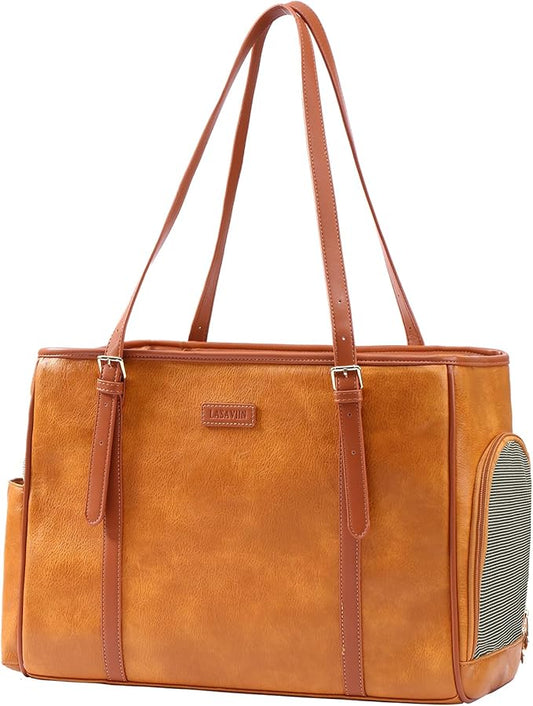 Fashion Dog Purse Pet Carrier Leather Bag for Small Dogs Cats Puppy, Portable Tote Bag Airline Approved Soft-Sided Carriers (Brown)-PurrikoPets