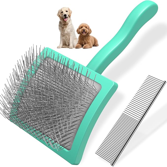 2PCS Slicker Brush for Dogs & Pet Comb,Professional Dog Grooming Brush (Goldendoodles,Poodles,Labradoodles) with Extra Long Pins to Effectively Remove Tangles, Knots and Mats (Cyan)-PurrikoPets