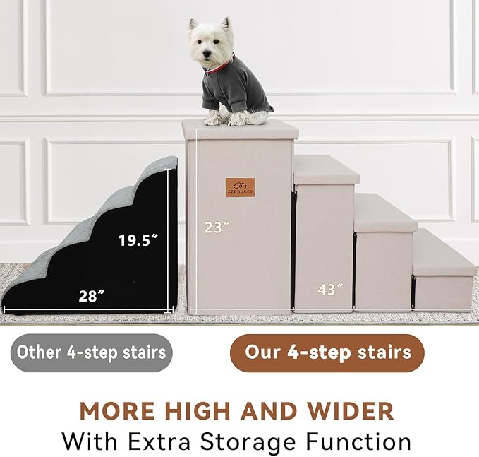 Dog Stairs with Storage 23" H, 4-Step Wider Dog Steps for High Beds Window, Folding Sturdy Pet Stairs Gift for Small/Medium/Large Old Dogs Cat, Ramp for Climbing Car Up to 200 lbs, Beige-PurrikoPets