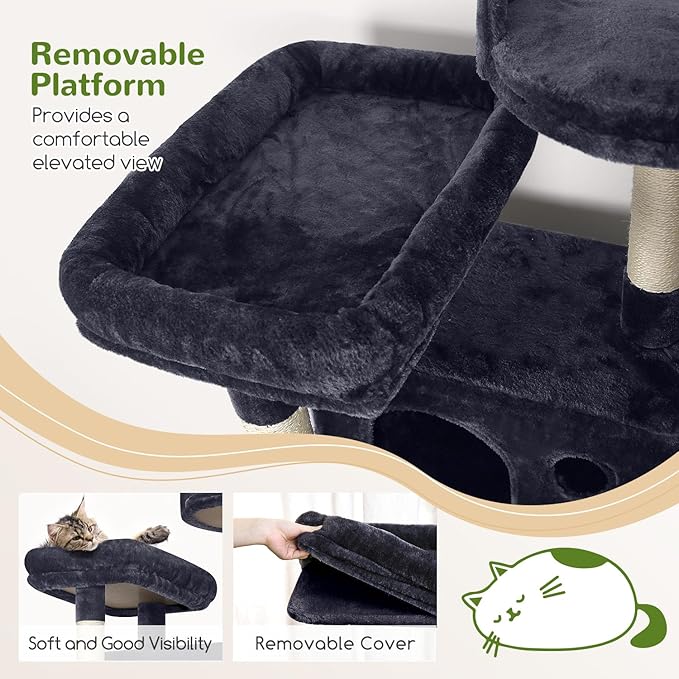 Globlazer Cat Tree, 70 inch Tall Scratching Tower Multi-Level Cat Condo for Indoor Multiple Cats with 2 Large Cat Caves, Top Perch, Large Platform, Bottom Swing, F70B, Dark Grey-PurrikoPets