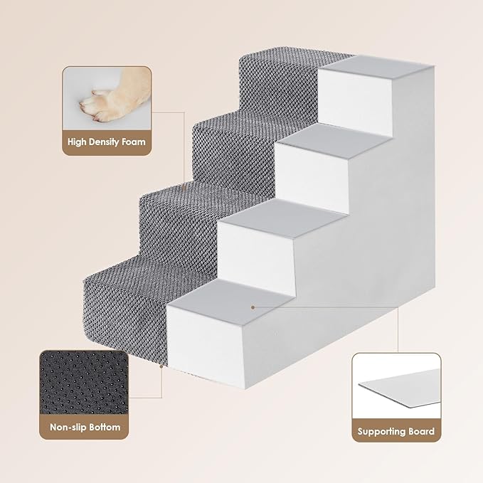 EHEYCIGA Dog Stairs for Bed 18" H, 4-Step Dog Steps for High Bed, Pet Steps for Small Dogs and Cats, Non-Slip Balanced Pet Ramp Indoor, Grey-PurrikoPets