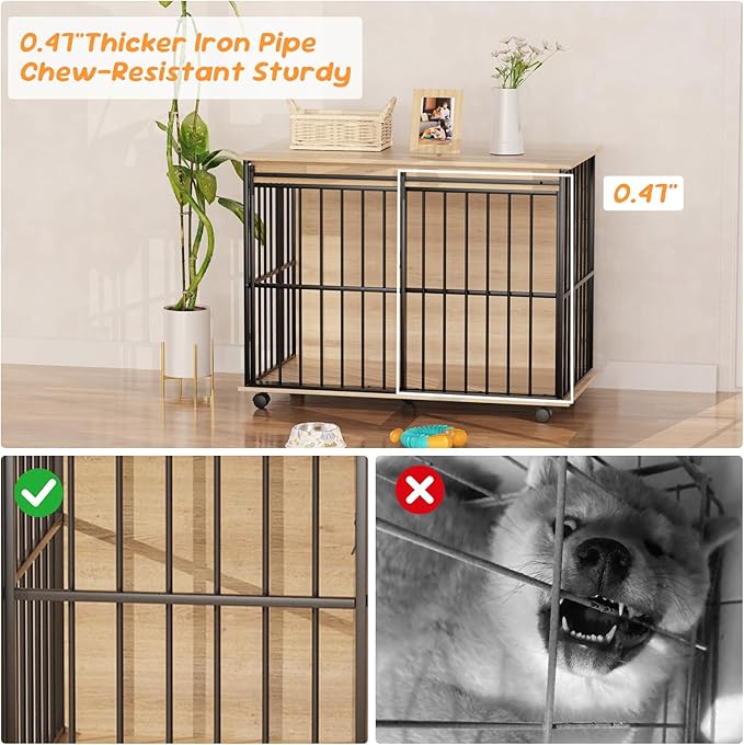 43.7" Dog Crate Furniture, XL Dog Crate Dog Kennel Indoor with Wheels for Large Medium Small Dogs, Wooden Dog Kennel End Table with Sliding Door Wooden Furniture Crates for Living Room, Bedroom-PurrikoPets
