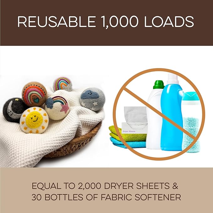 Fluff Ewes Wool Dryer Balls 6 Pack Premium New Zealand Wool Laundry Balls for Dryer, No Static Dryer Balls Laundry Reusable, XL Wool Dryer Balls Cute, Baby Dryer Balls for Dryers - Rainbow or Shine-PurrikoPets