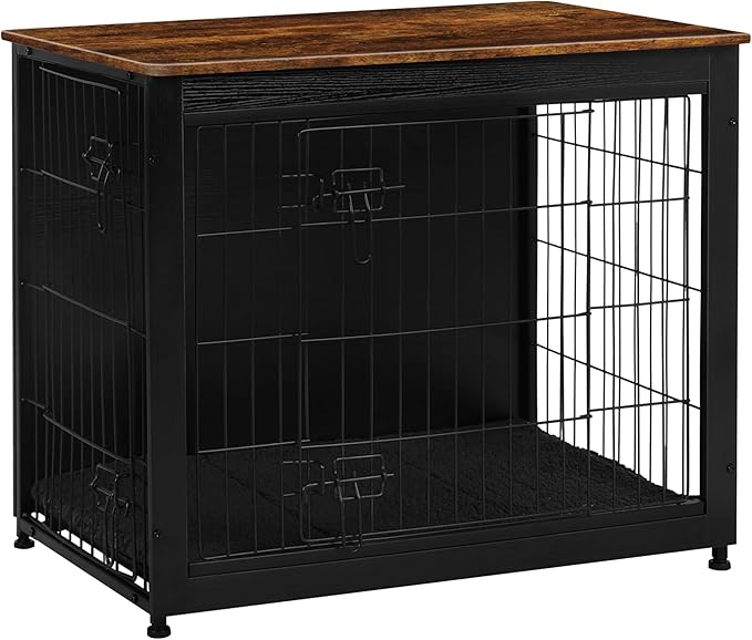 DWANTON Dog Crate Furniture with Cushion, Wooden Kennel Table with Double Doors, Indoor Dog House, Medium Size, 32.5" L, Black+Rustic Brown-PurrikoPets