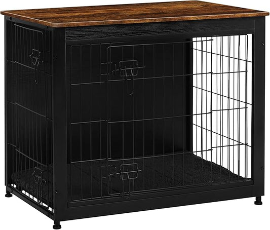 DWANTON Dog Crate Furniture with Cushion, Wooden Kennel Table with Double Doors, Indoor Dog House, Medium Size, 32.5" L, Black+Rustic Brown-PurrikoPets