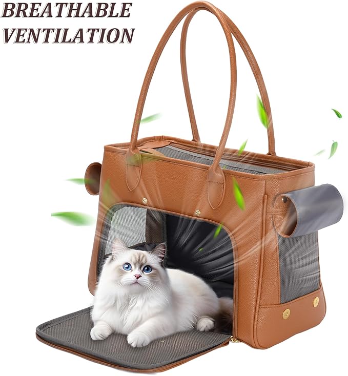 Fashion Pet Carrier Purse for Small Cat and Dog, Luxury Pu Soft-Sided Tote Bag with Large Pockets for Dogs and Puppies (Brown, 15.8" L x 7.5" W x 11.8" H)-PurrikoPets