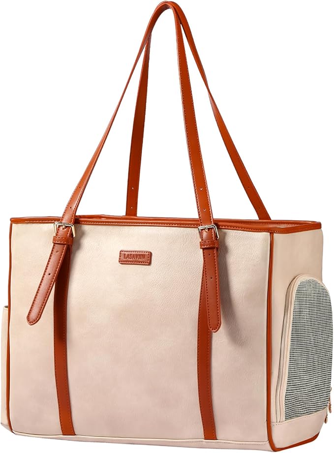 Fashion Dog Purse Pet Carrier Leather Bag for Small Dogs Cats Puppy, Portable Tote Bag Airline Approved Soft-Sided Carriers (Beign)-PurrikoPets